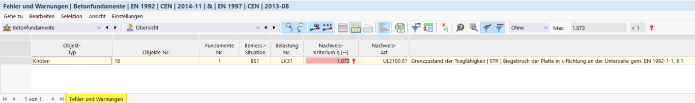Betonfundamente | Tabelle Fehler und Warnungen