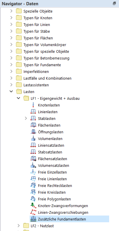 Betonfundamente | Neue zusätzliche Fundamentlast über den Daten-Navigator