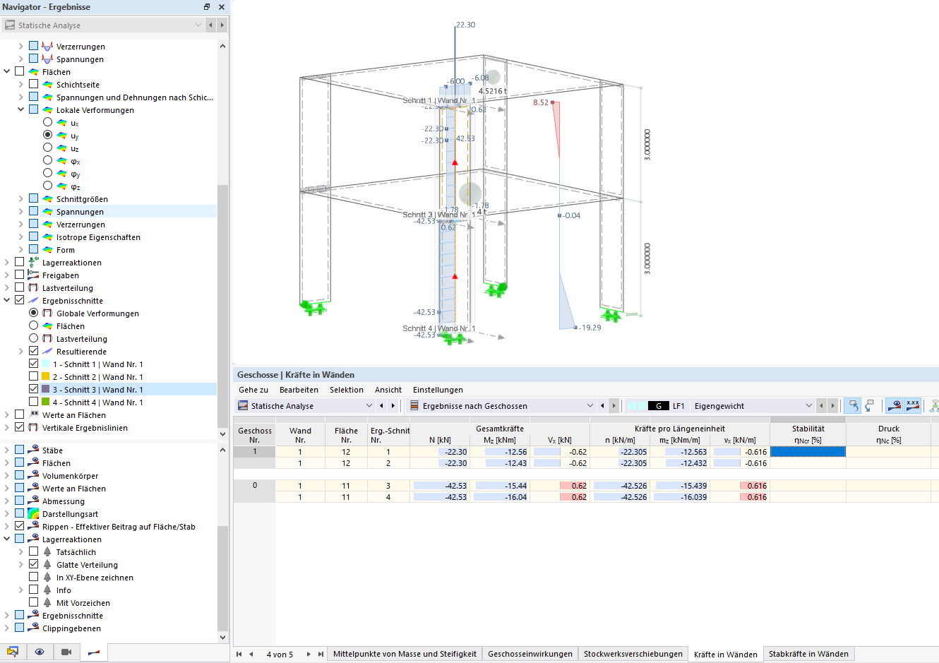 Analyse der Kräfte in Wänden mit Gebäudemodell in Dlubal Software.