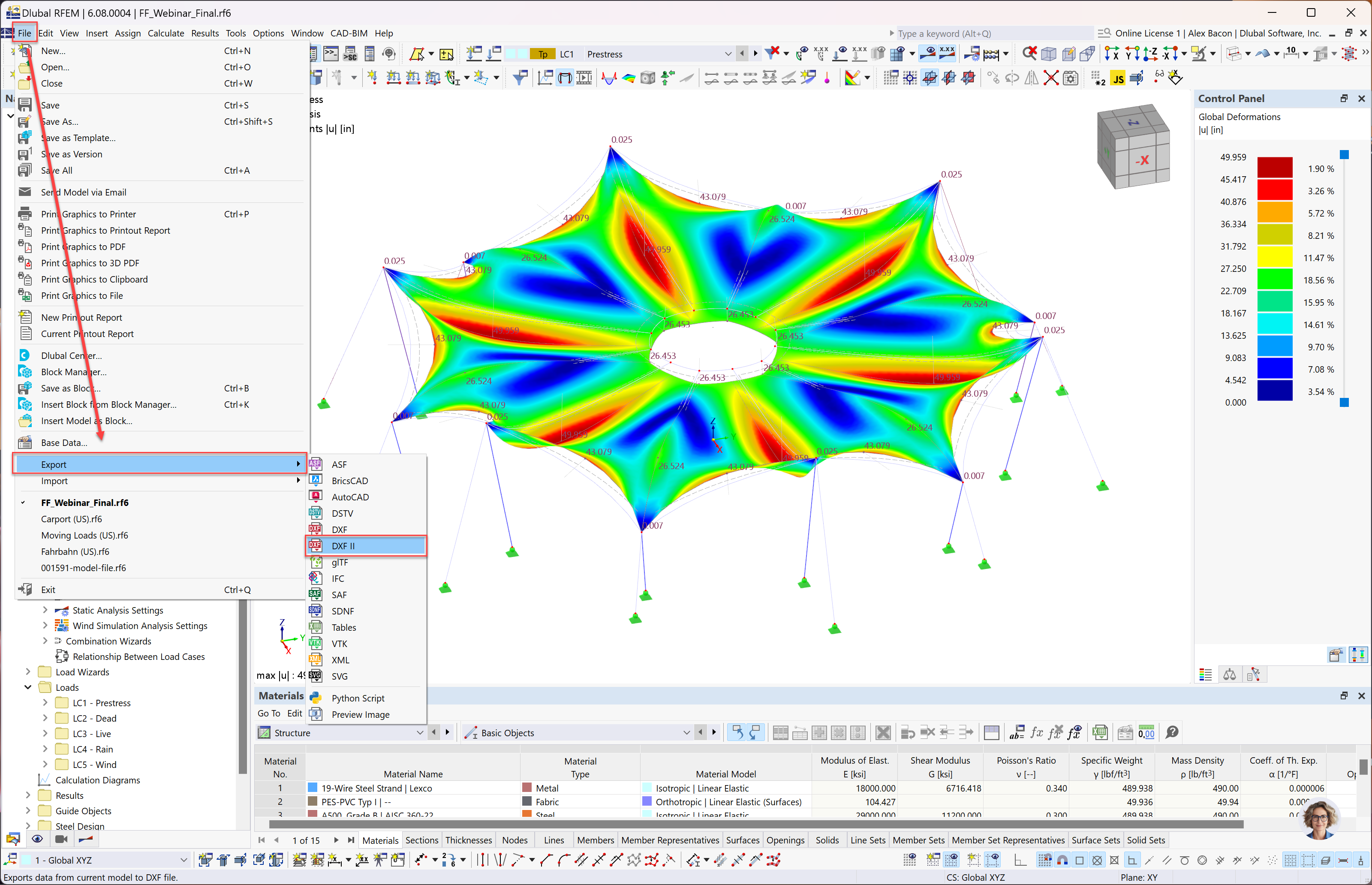 FAQ 005622 | Wie kann ich in RFEM 6 die verformte Netzform in eine .dxf-Datei für meine Textilmembranstruktur exportieren?