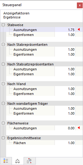 Anzeigefaktoren für Bemessungsergebnisse im Steuerpanel