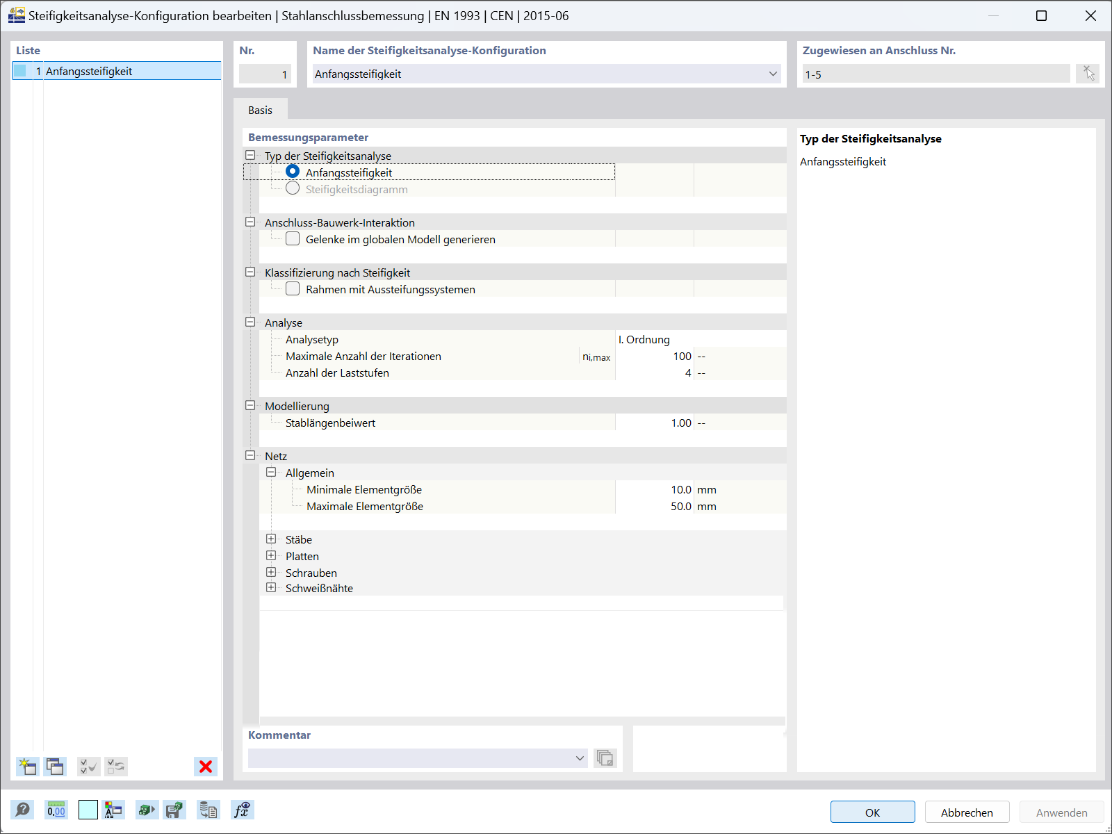 Anfangssteifigkeitsanalyse-Designparameter im Software angezeigt.