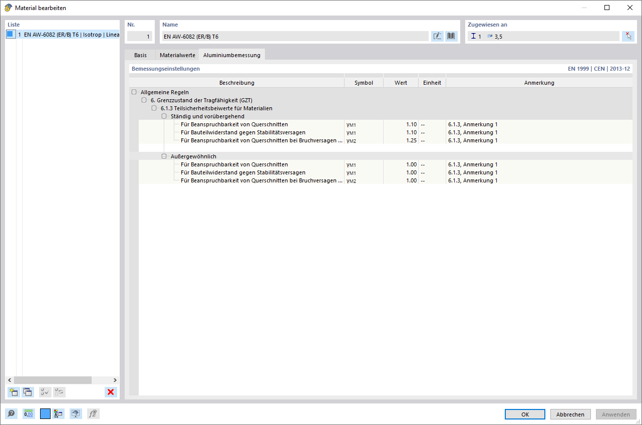Dialog 'Material bearbeiten', Aluminiumbemessung nach EN 1999-1-1