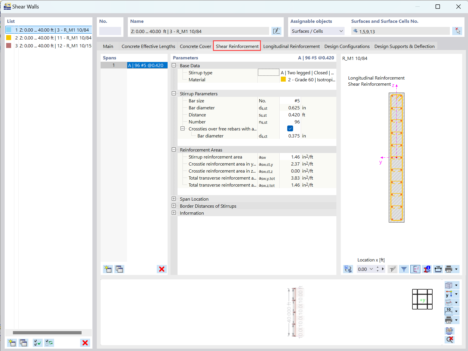 Bemessungseigenschaften der Schubbewehrung, visualisiert in Dlubal-Software.