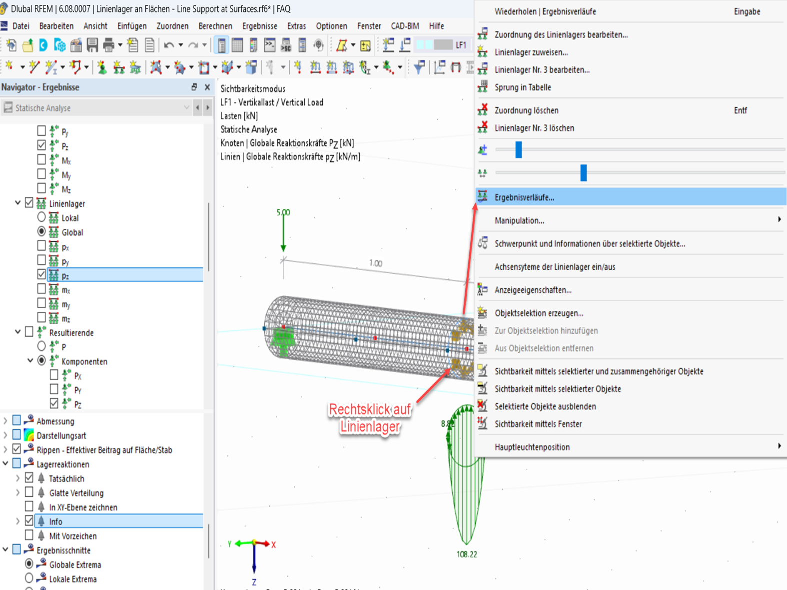 FAQ 005629 | Wie kann man die Lagerreaktionen an Linienlagern von Flächen analysieren? Sind Ergebnisschnitte dabei hilfreich?
