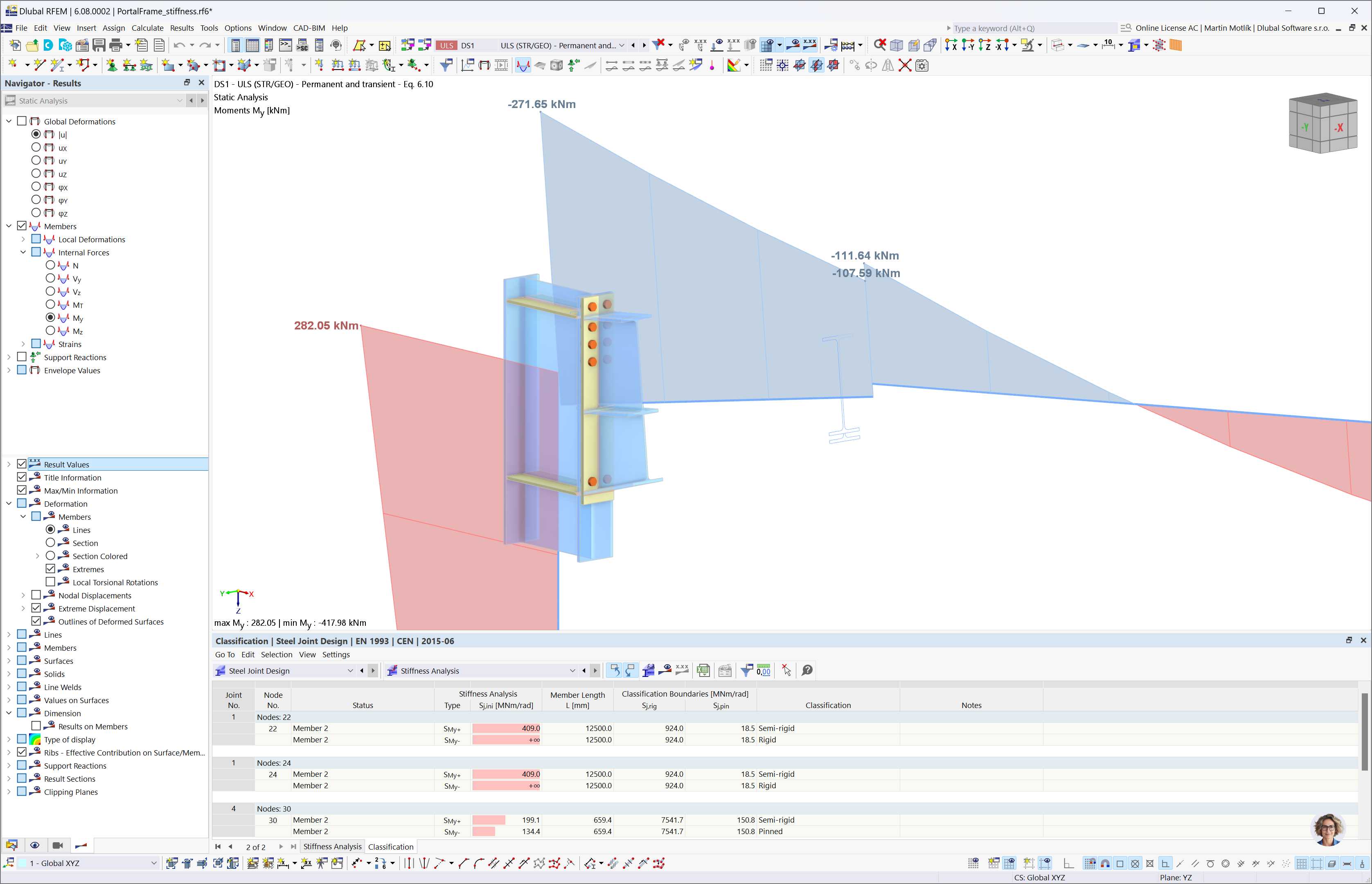 Analyse der anfänglichen Steifigkeit von semi-starren Gelenken in RFEM 6.