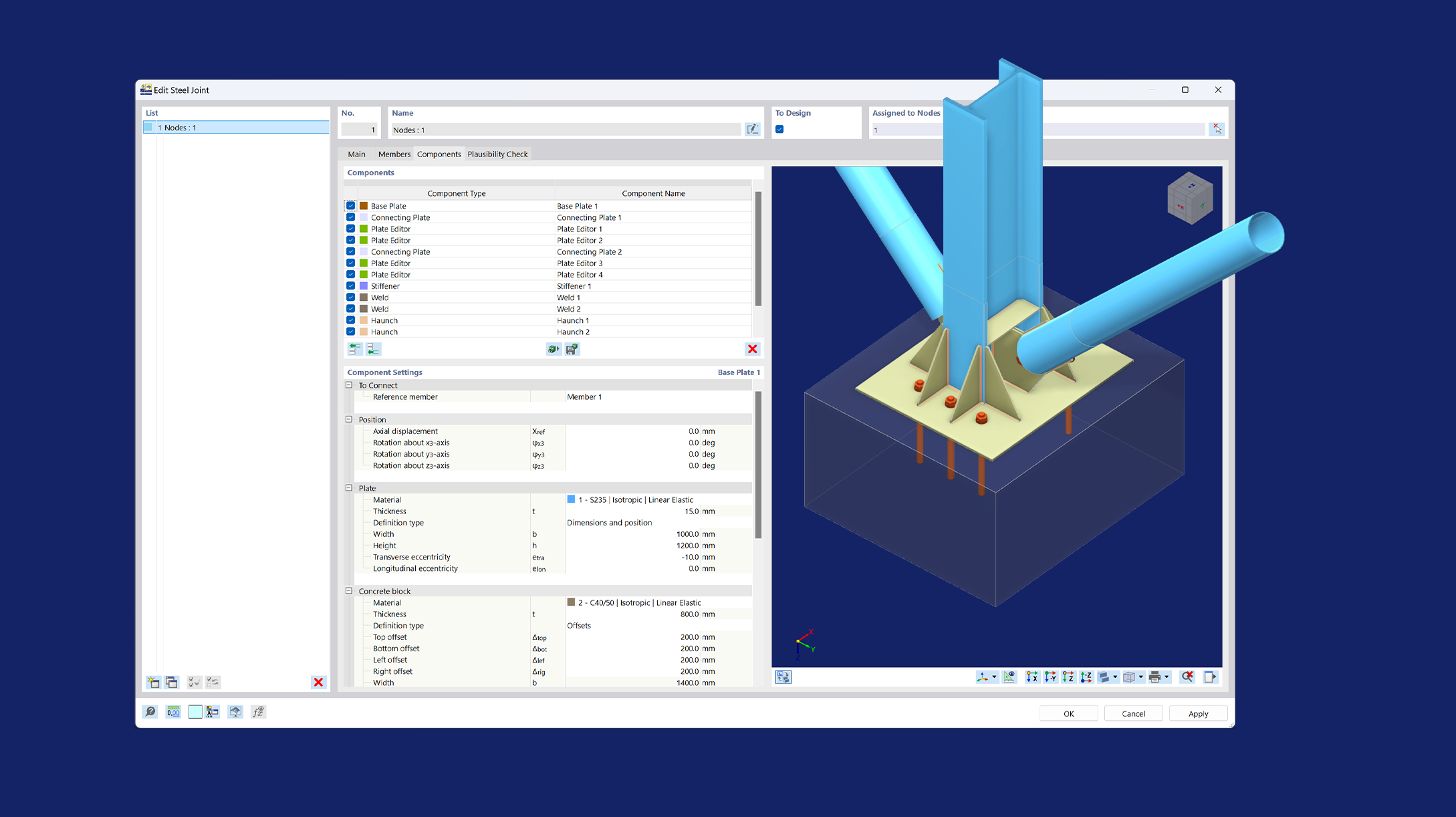 "RFEM 6 Dialogfeld mit Bibliothek für Stahlverbindungskomponenten."