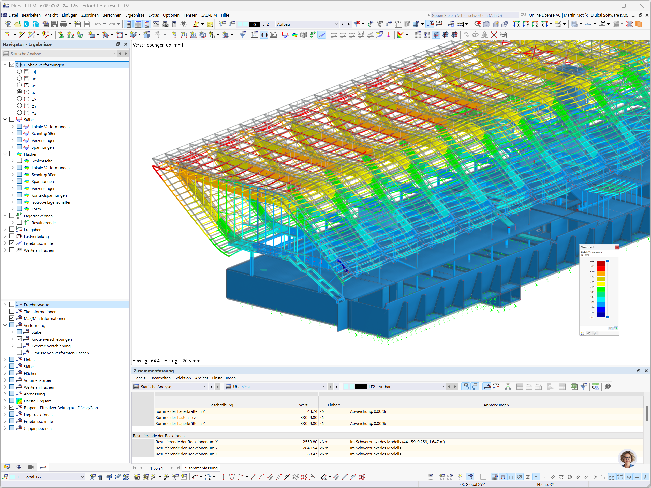 RFEM-Modell des BORA Flagshipstores, Herford, mit globaler Deformation in Z-Richtung