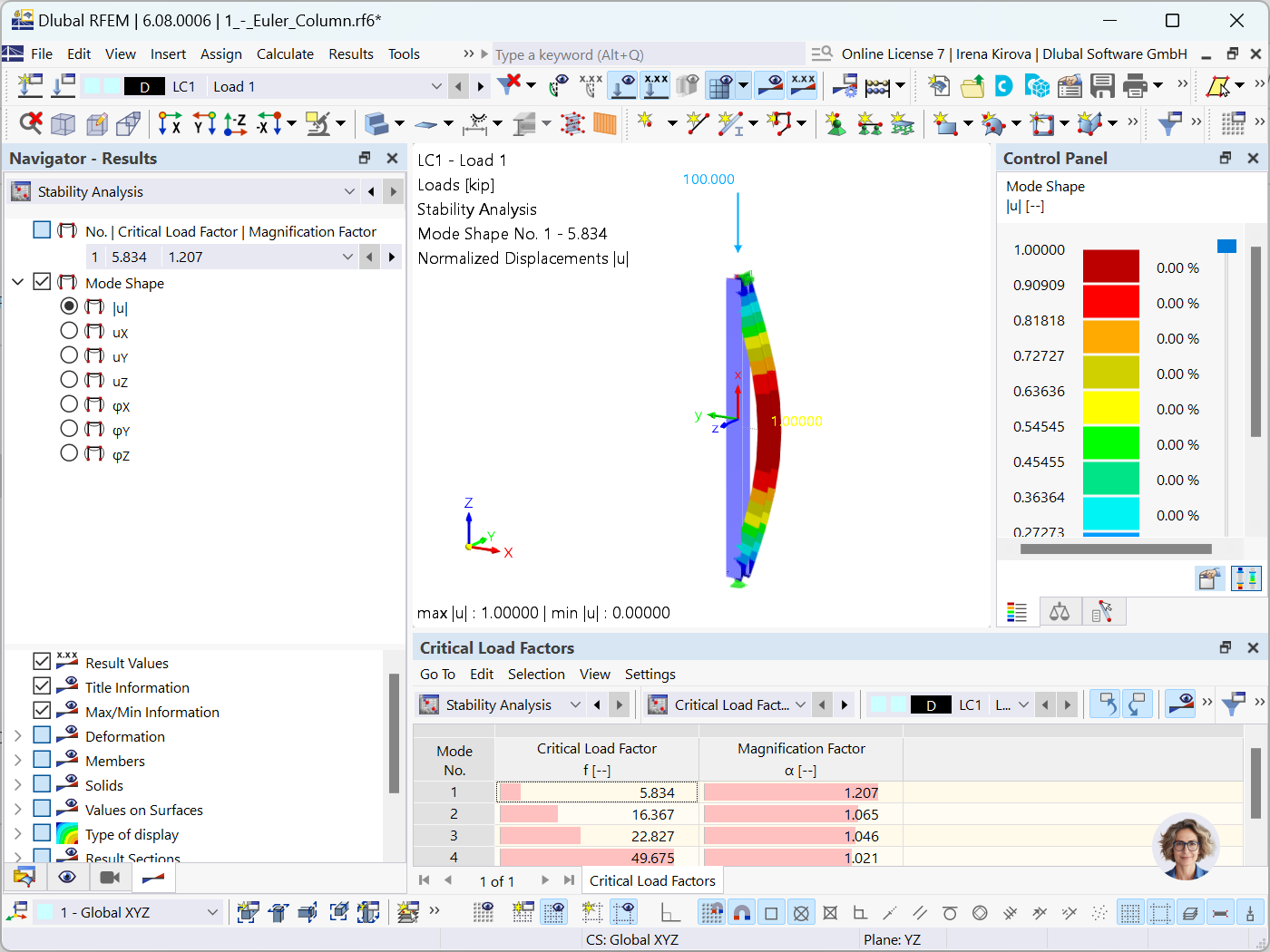 Ingenieurmodell der Biegebuckeldanalyse in der Statiksoftware.