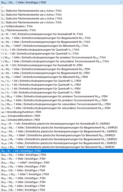 Liste für Querschnittseigenschaften, Einheitsspannungen und Knickfiguren nach FSM (Finite Streifen Methode)