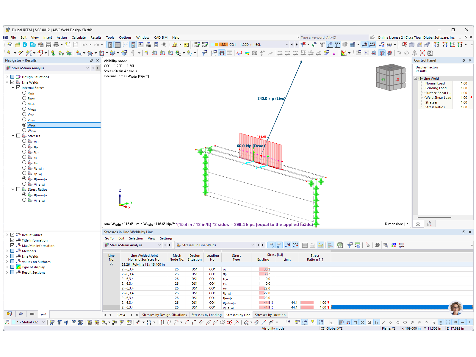 Spannungsergebnisse in Liniennähte für AISC-Kehlnähtenentwurf in RFEM 6