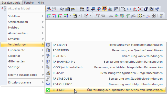 Bild 1.1 Menü Zusatzmodule → Verbindungen → RF-LIMITS