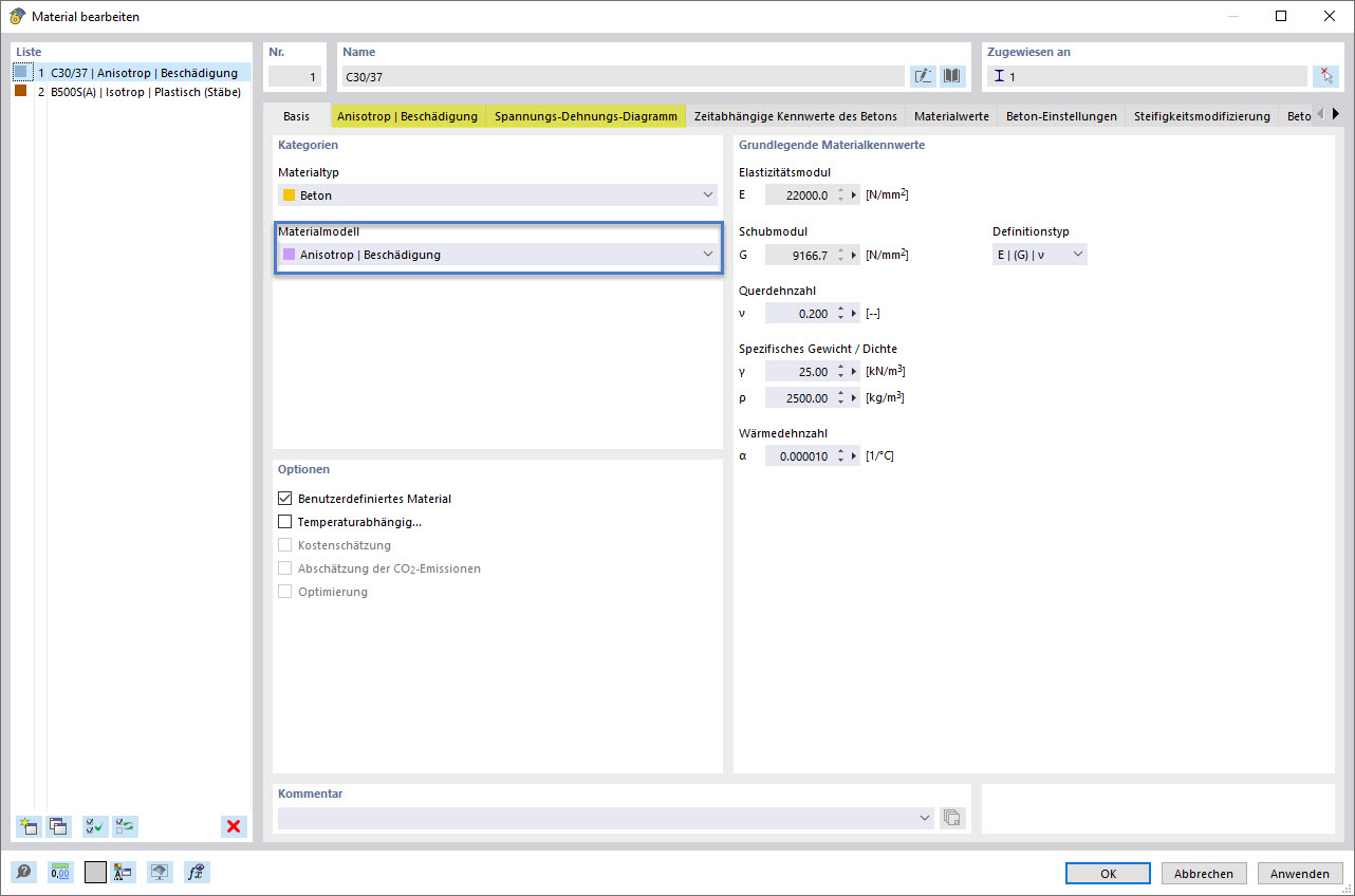 Material Beton - Auswahl des Materialmodells "Anisotrop | Beschädigung"
