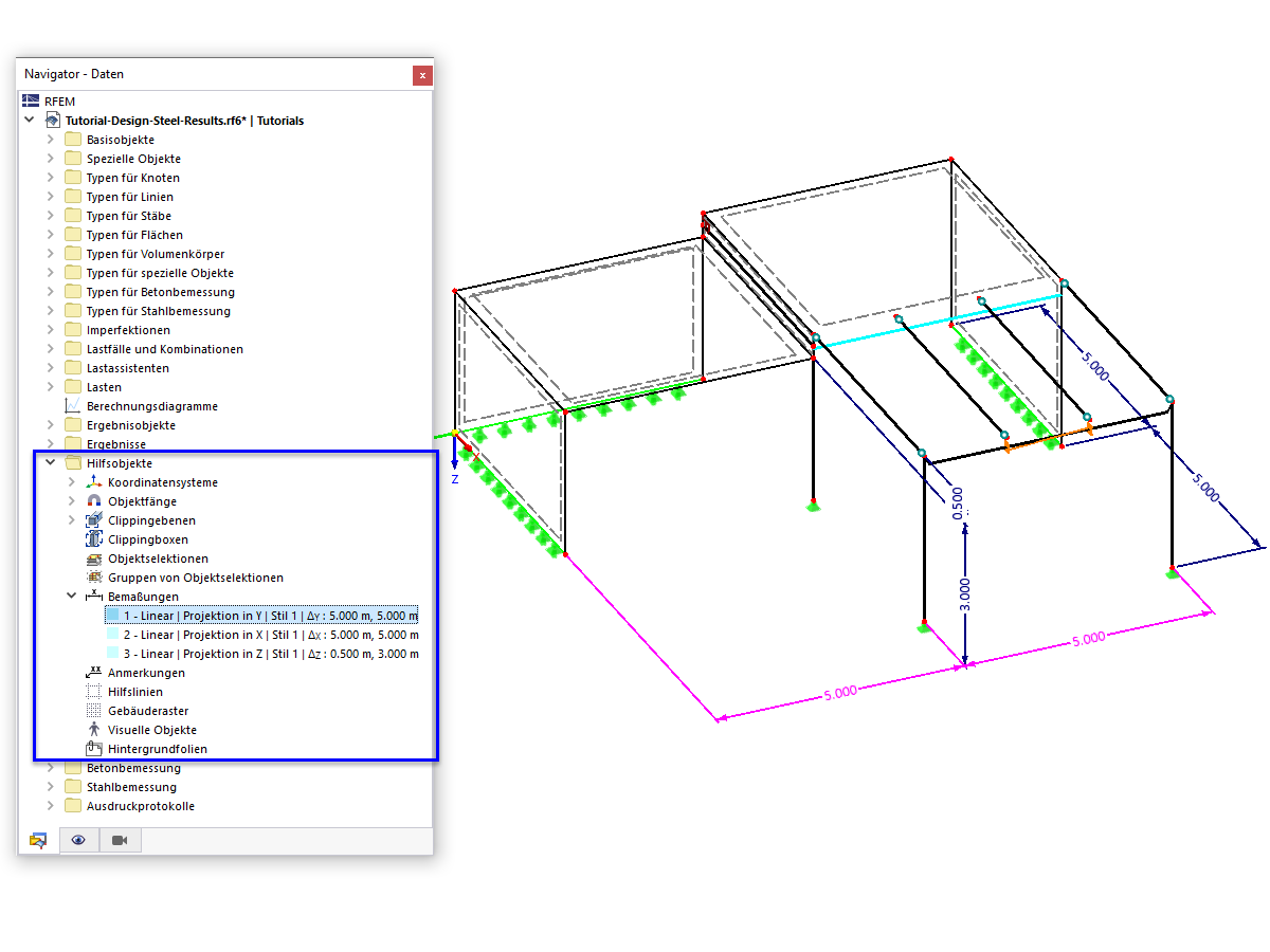 RFEM Navigator zeigt die Verwaltung von Bemaßungen in der Kategorie Hilfsobjekte