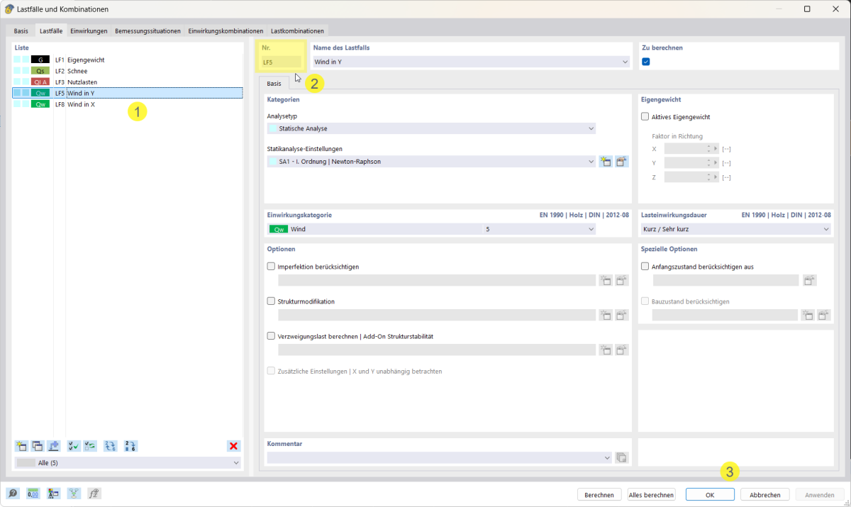 Dialog zur Bearbeitung der Nummerierung von Lastfällen in Dlubal RFEM Software