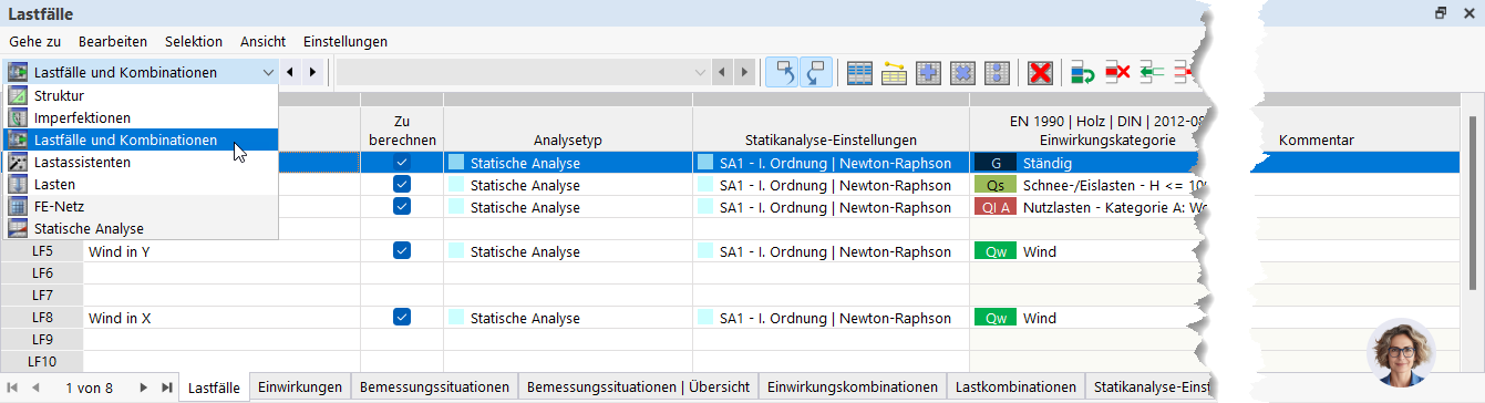 Tabelle zur Bearbeitung der Nummerierung von Lastfällen in Dlubal RFEM Software