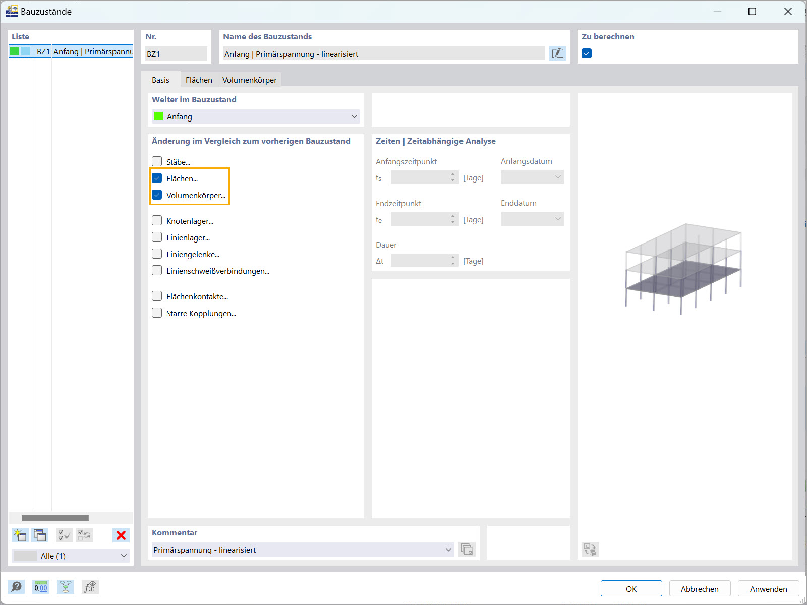 RFEM 6-Oberfläche mit Objektauswahl für Bauphasenumstellungen