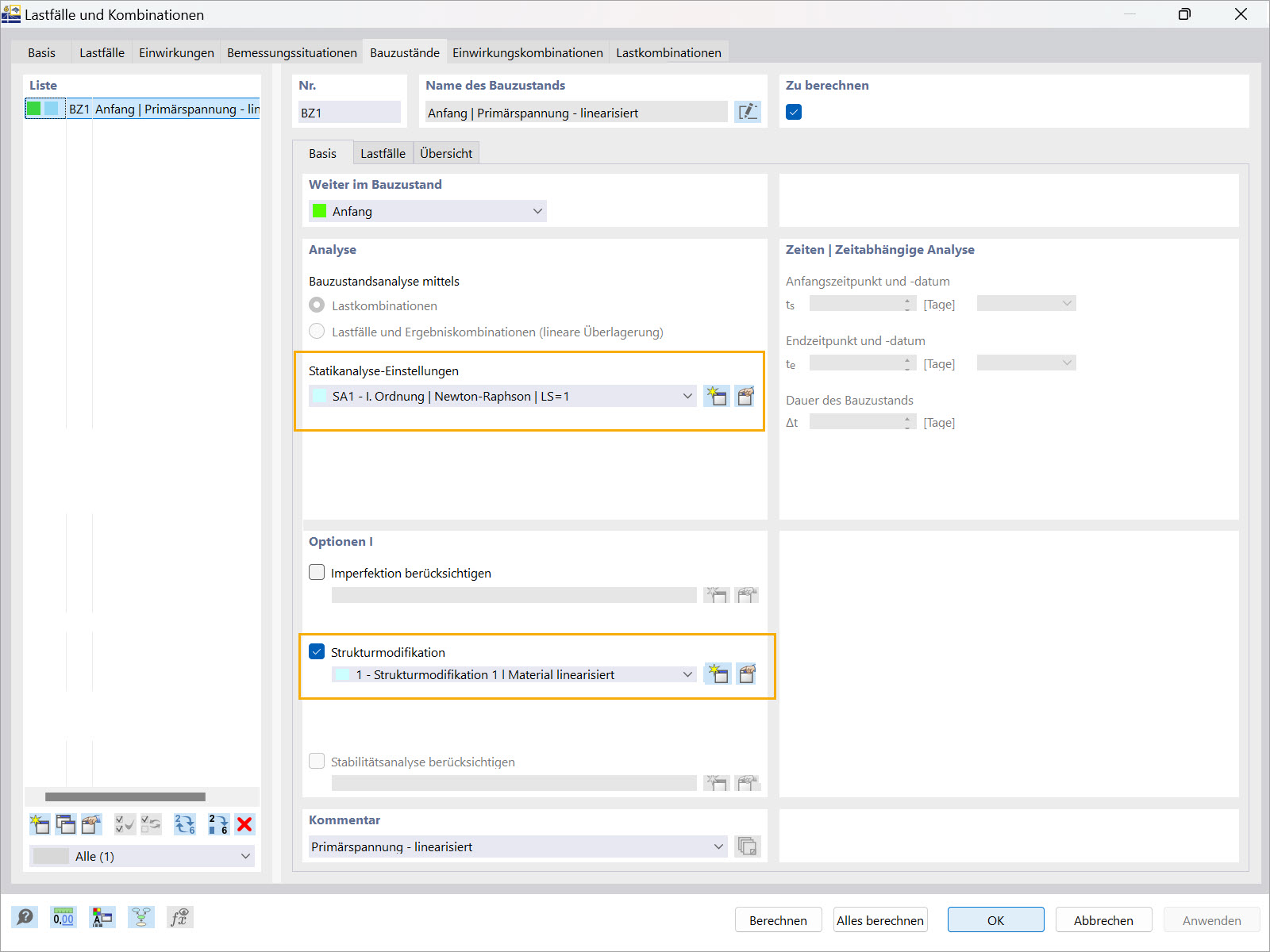 Dieses Bild zeigt den Reiter "Allgemein" im Fenster "Bauzustände" innerhalb von "Lastfälle und Kombinationen" in RFEM 6.