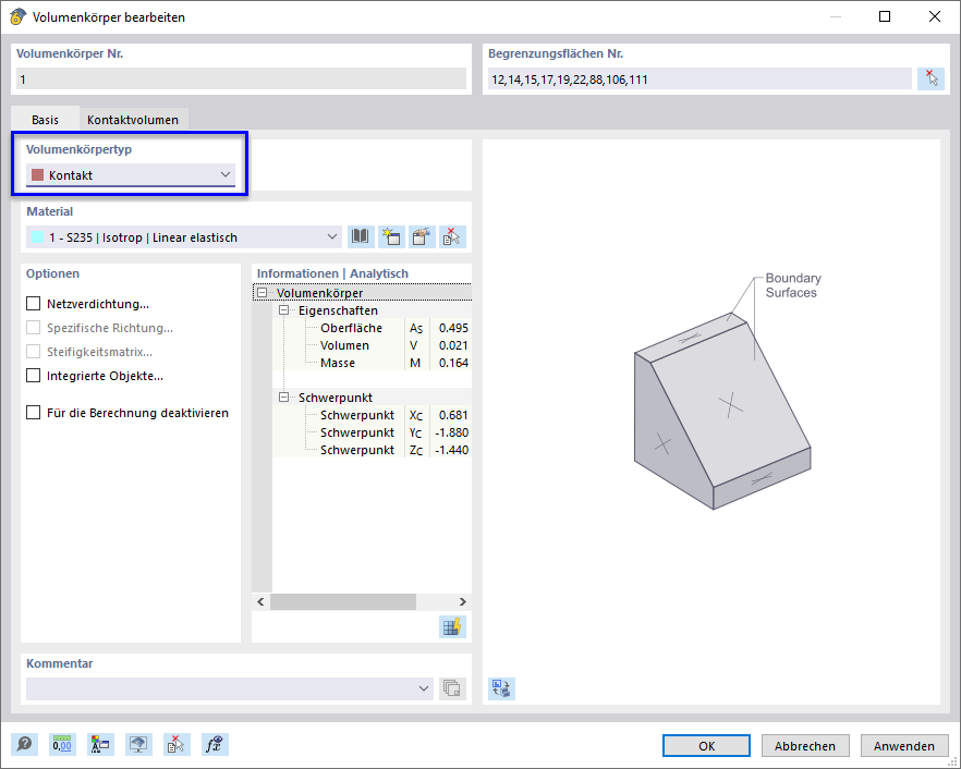 Benutzeroberfläche zur Definition eines Volumenkörpers mit Optionen für Volumen, Kontakt und Kontaktvolumen