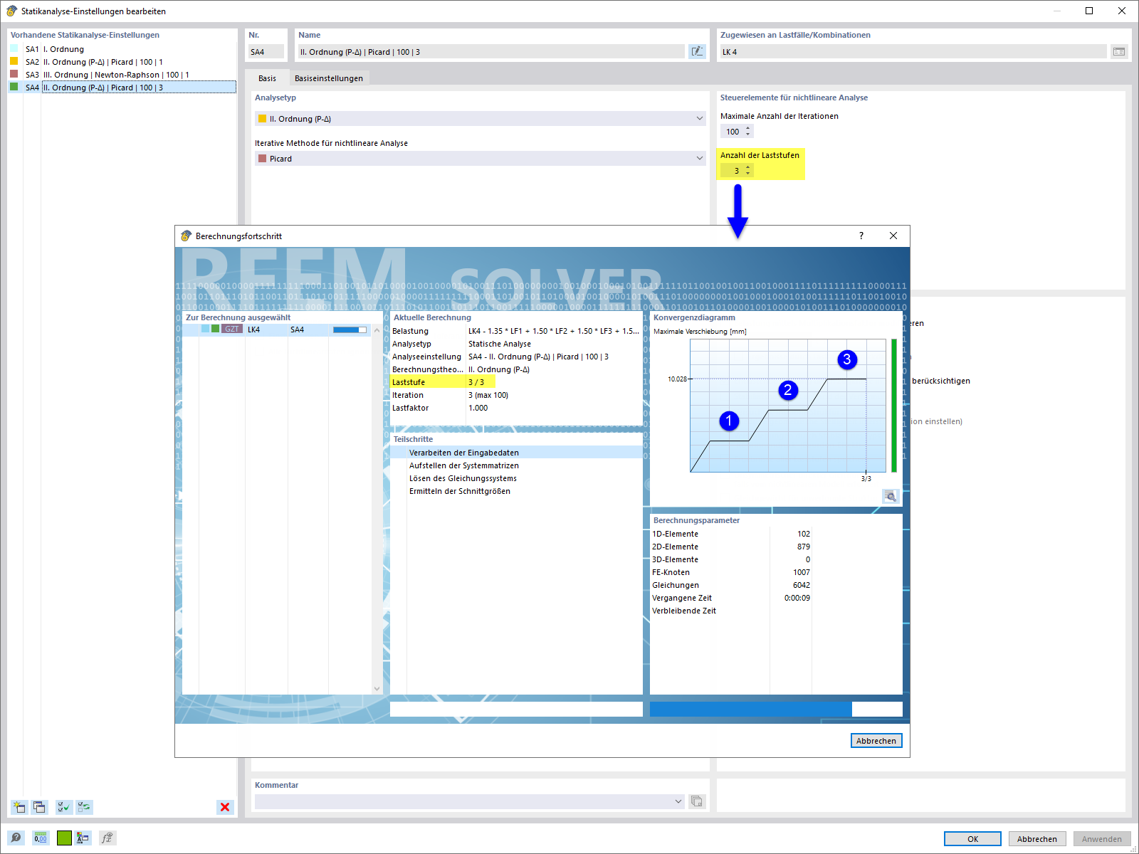 Laststufen in Statikanalyse-Einstellungen und im Berechnungsfortschritt