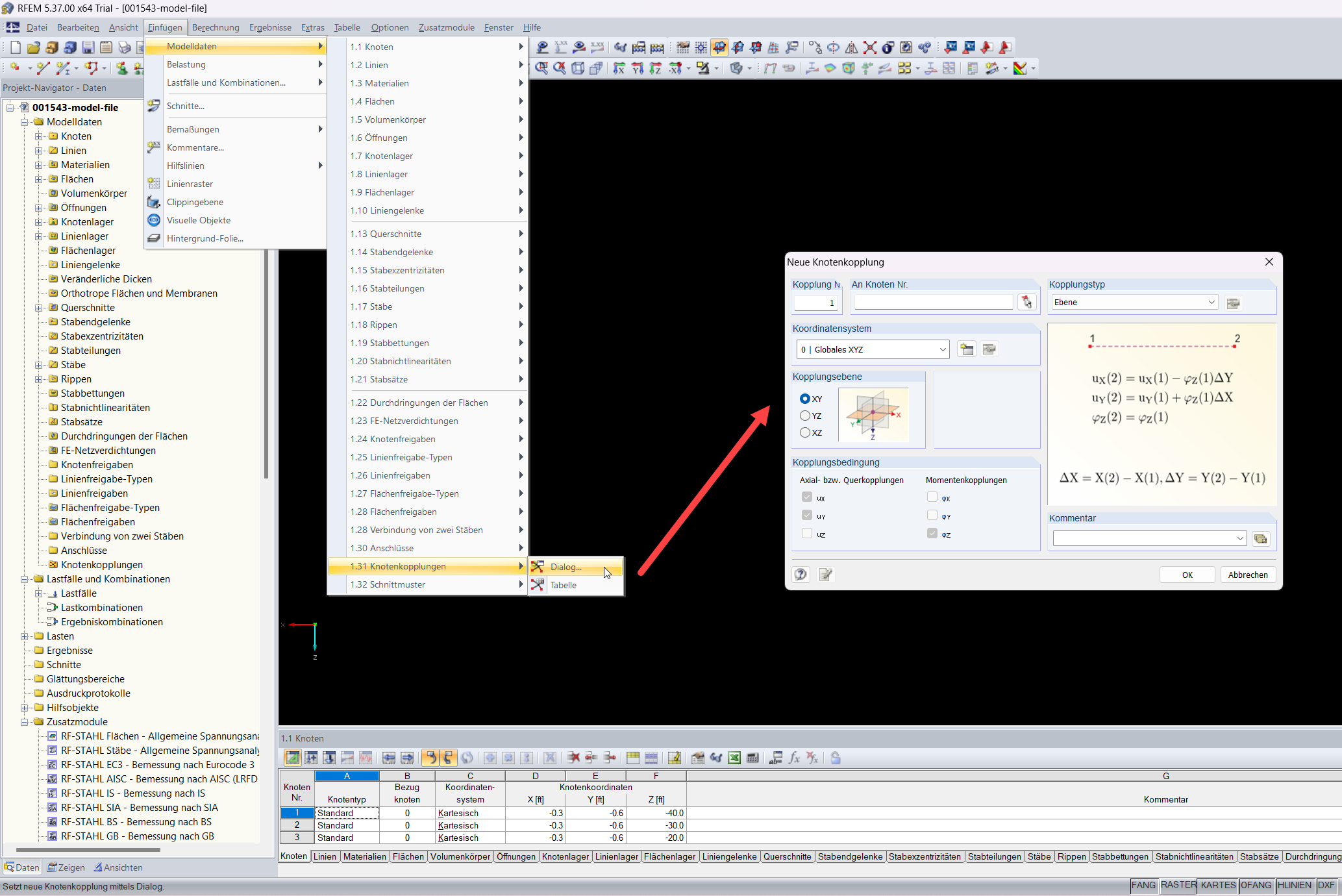 FAQ 005651 | Wie kann ich eine Knotenkopplung Typ Diaphragma in RFEM 6 erzeugen? Die Option "1.31 – Knotenkopplungen" in RFEM 5 ist in RFEM 6 nicht mehr verfügbar