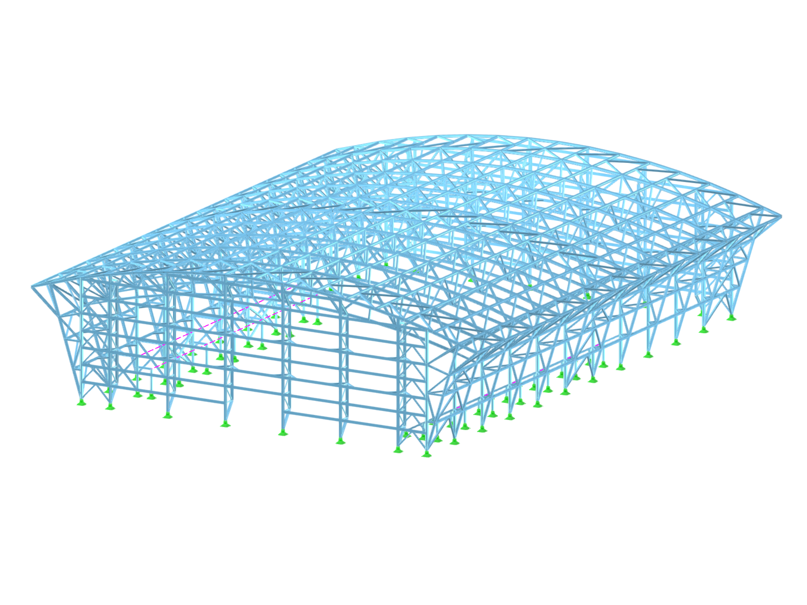 RFEM-Modell einer Sporthallen-Stahlkonstruktion mit rechteckigem Grundriss.