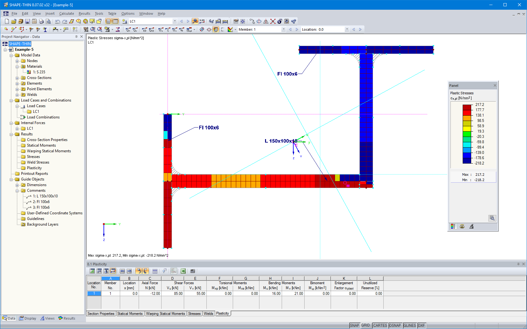 Cross-section properties program SHAPE-THIN | Results - Distribution of plastic normal stresses