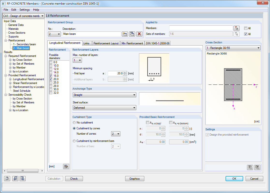 Window 1.6 Reinforcement - Longitudinal Reinforcement Tab