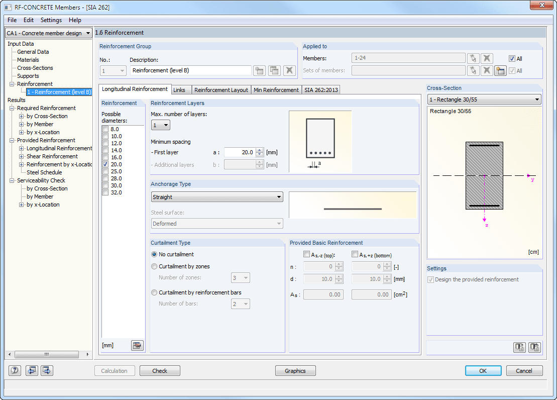 Window 1.6 Reinforcement - Longitudinal Reinforcement Tab (RF -CONCRETE Members)