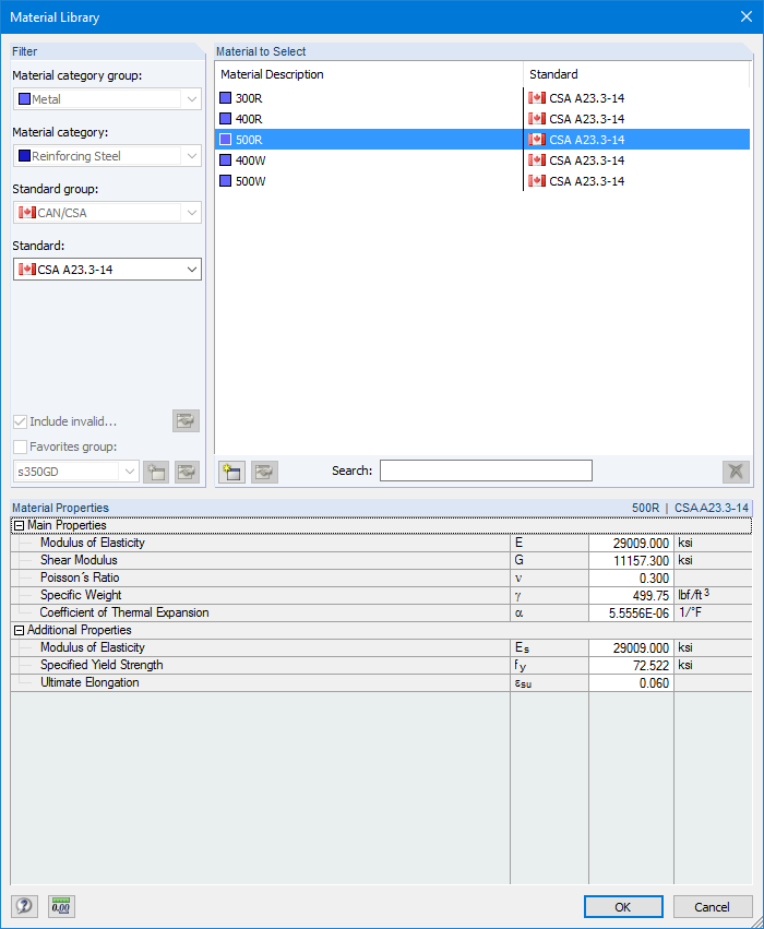 Material Library - Reinforcing Steel According to CSA A23.3