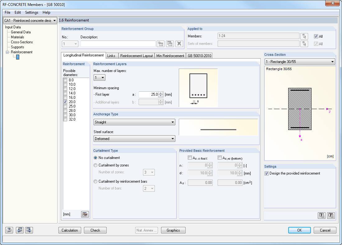 Window 1.6 Reinforcement - Longitudinal Reinforcement Tab