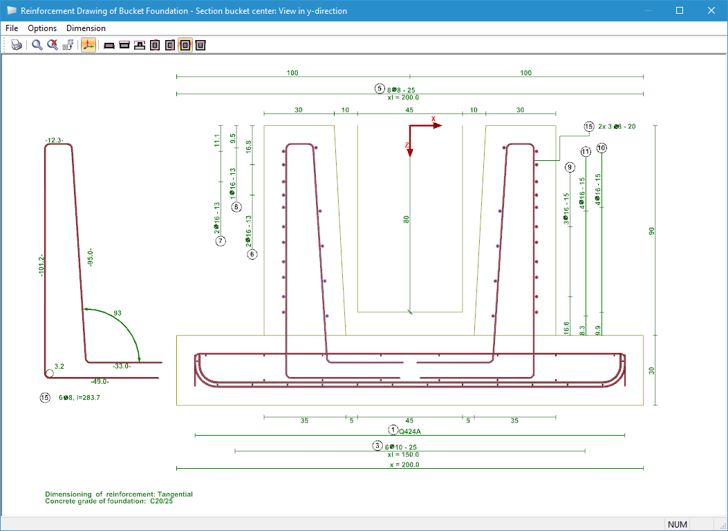 Reinforcement Drawing - Section of Bucket Center, Viewing Direction in y