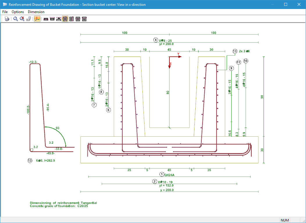 Reinforcement Drawing - Section of Bucket Centre, Viewing Direction in x