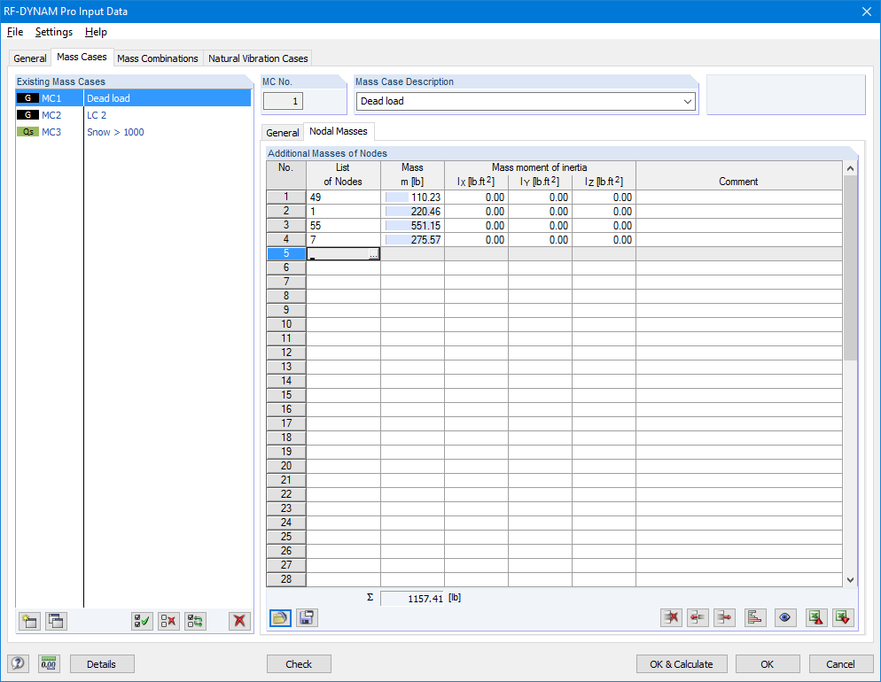 Input of Additional Nodal Masses (also Member, Line, and Area Masses Possible)