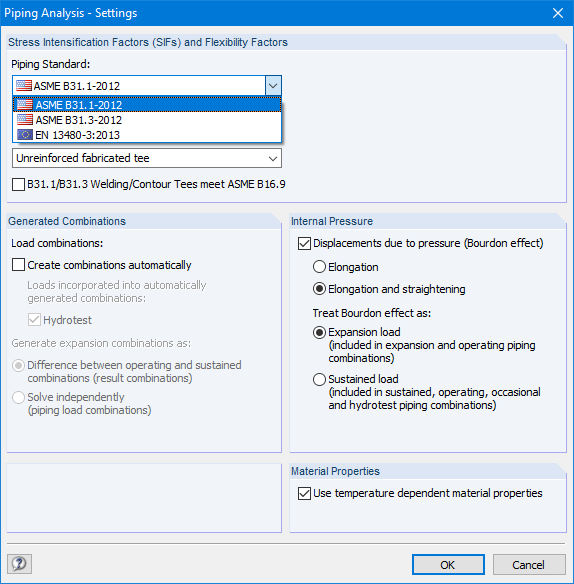 Settings for Piping Analysis