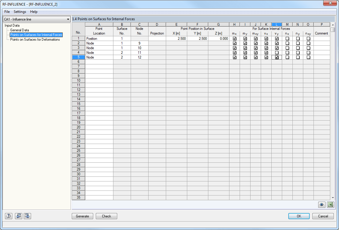 Window 1.4 Points on Surfaces for Internal Forces