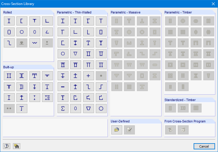 "Cross-section library" Dialog Box for Selecting Cross-Section Shape