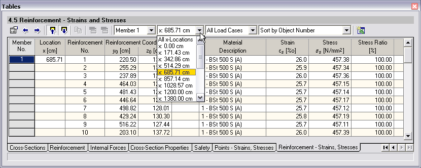 SHAPE-MASSIVE Cross-Section Properties Program - Table of Reinforcement Strains and Stresses