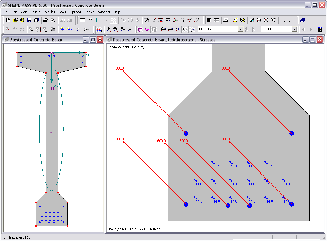 SHAPE-MASSIVE Cross-Section Properties Program - Reinforcement Stresses of Prestressed Concrete Beam