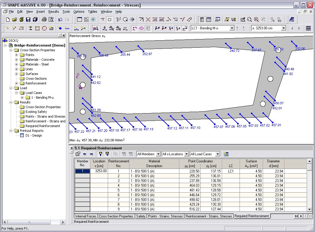 THICKQ Cross-Section Properties Program  | Results - Steel Stresses and Required Reinforcement