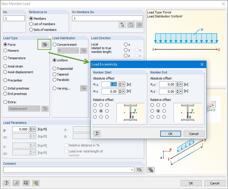 Definition of Load Eccentricity for Constant Member Load in RFEM