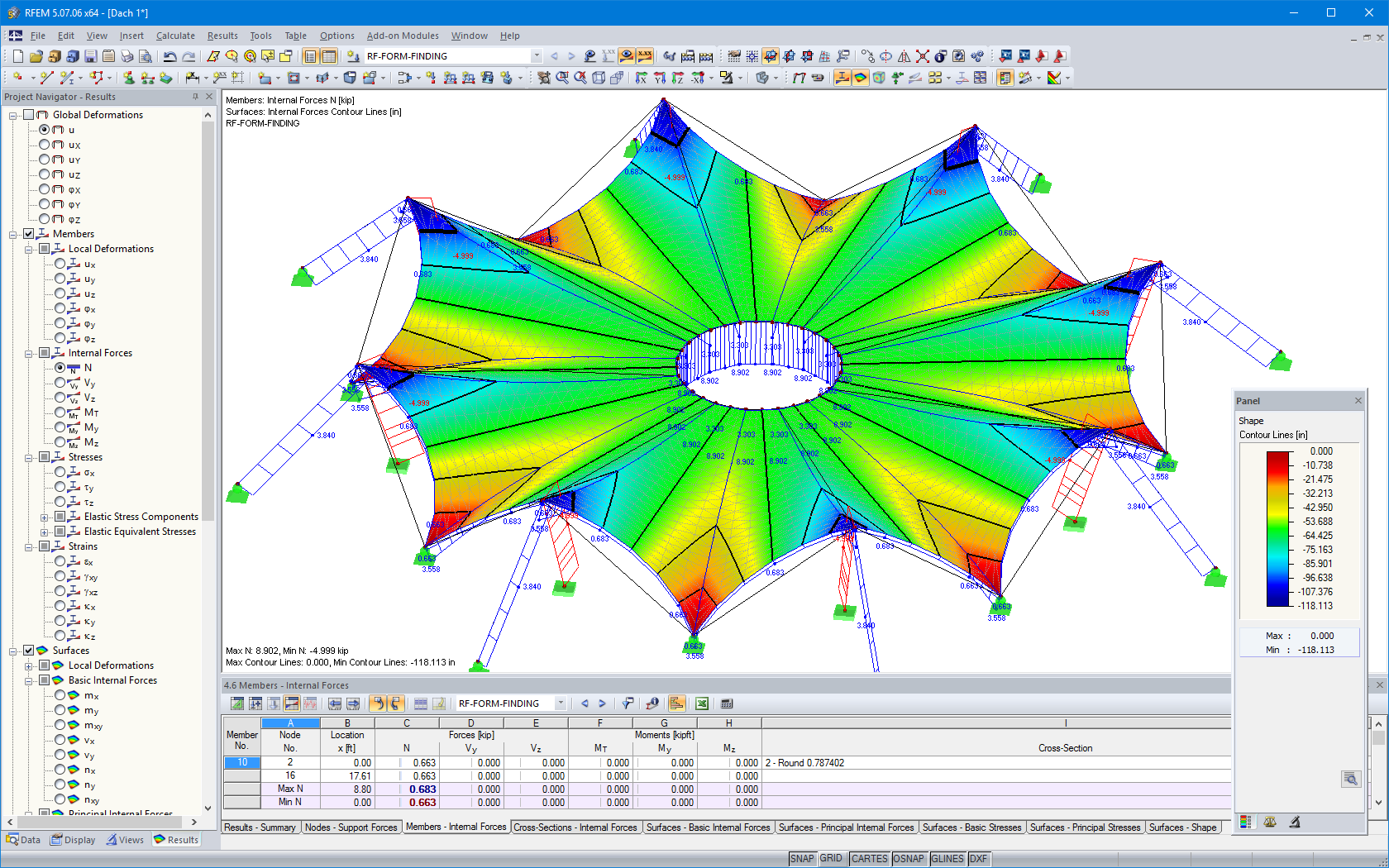 Cable Tension Forces and Contour Lines After Form-Finding in RFEM