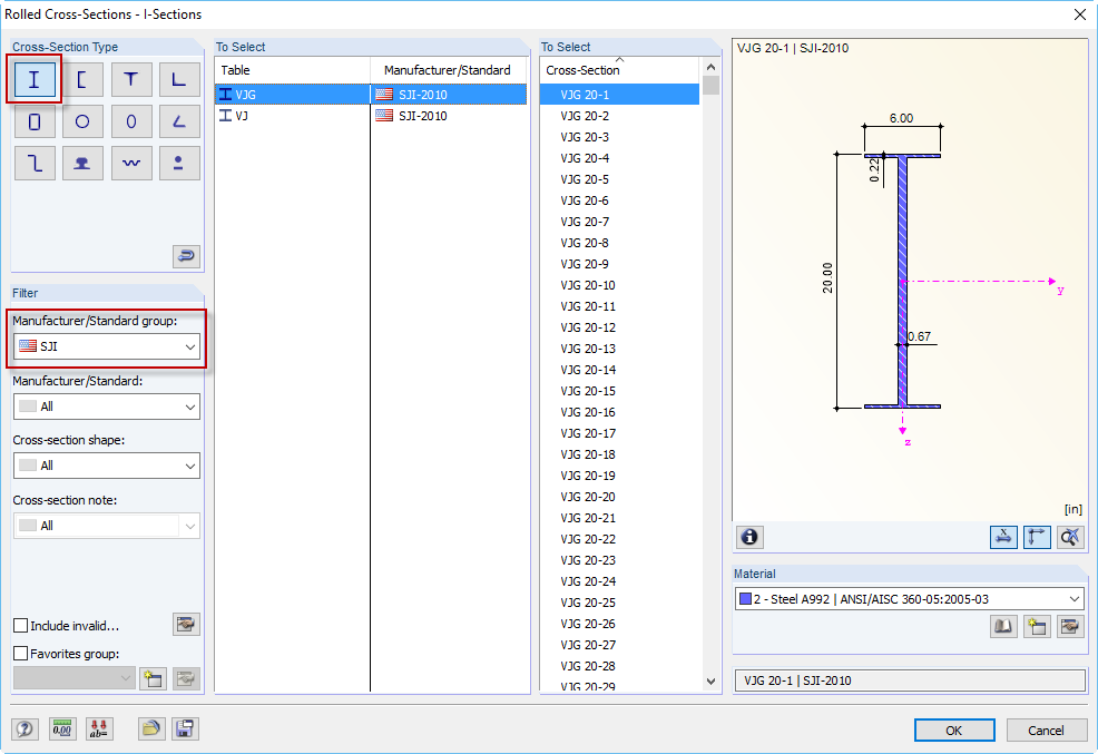 Figure 01 - Virtual Joists and Virtual Joist Girders in Cross-Section Database