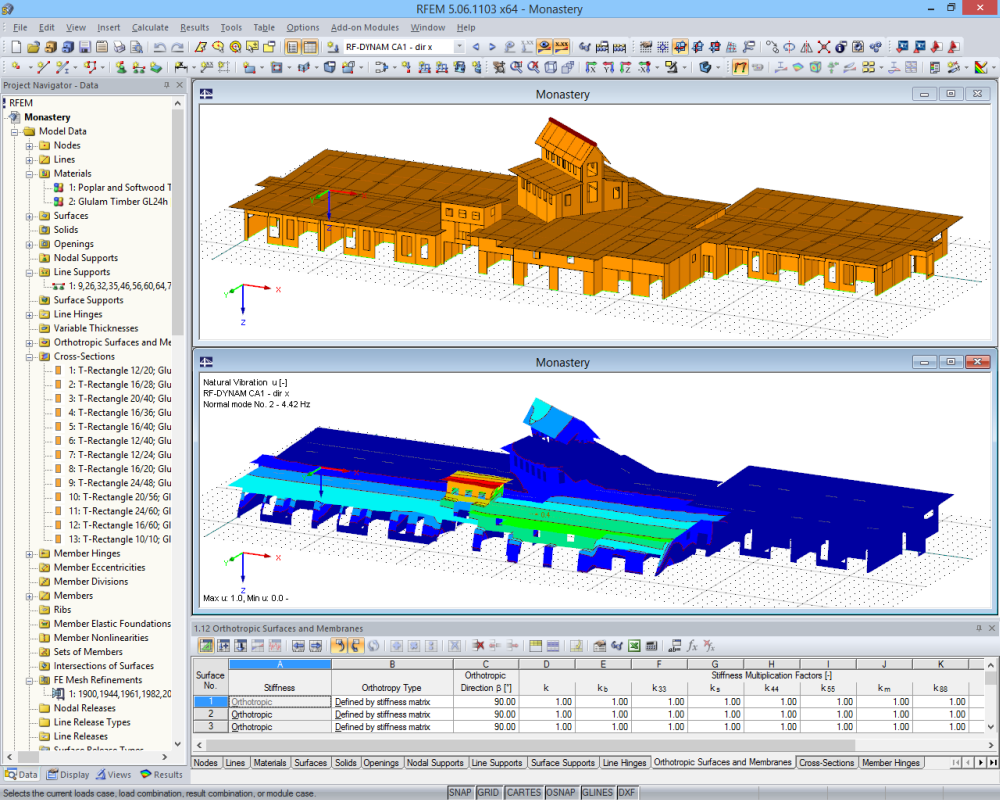 3D Model (Top) and Mode Shape Calculated in RF-DYNAM (Bottom) of Timber Supporting Structure in RFEM (© Dr. Ing. Berger, Dr. Ing. Gadner Merano)