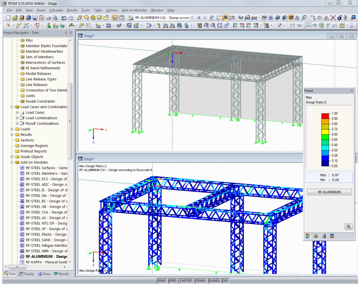 Model of Concert Stage and Graphical Display of Design Results of RF-ALUMINUM in RFEM