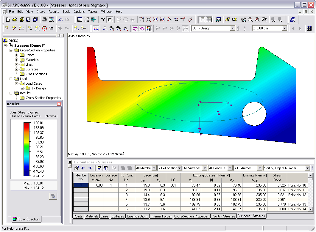 THICKQ Cross-Section Properties Program | Results - Distribution of Normal Stresses