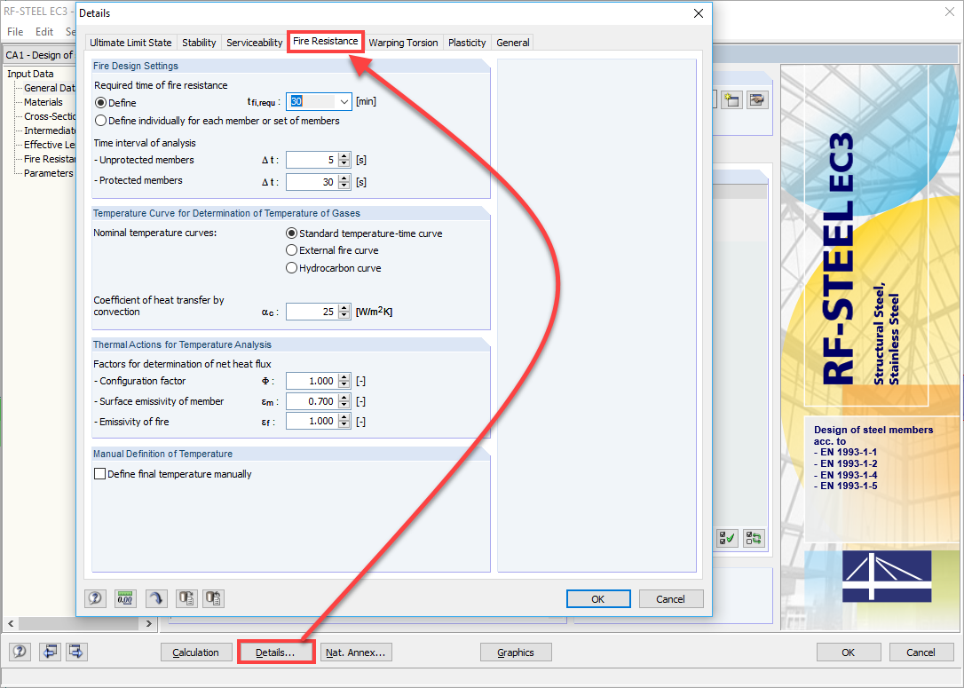 Details Dialog Box, Fire Resistance Tab: Settings for Fire Design