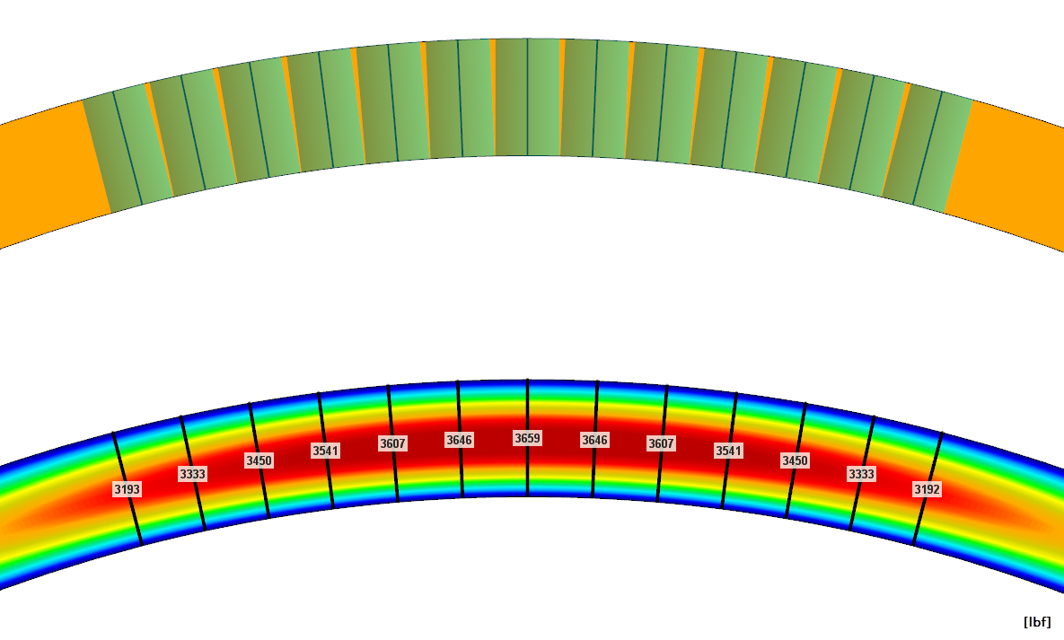 Result Beams with Integration Areas (Top), Tensile Forces in Stiffening Elements (Bottom)