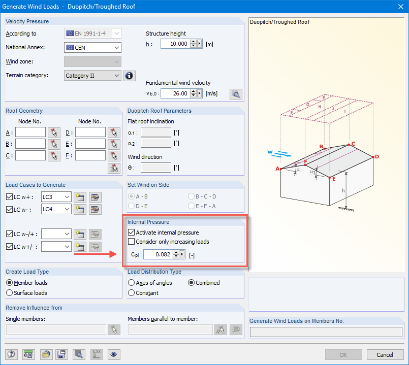 Entering Internal Pressure Coefficient in Wind Load Generator in RFEM