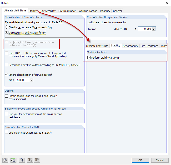 Increasing the material coefficient ε is deactivated if the stability analysis is activated